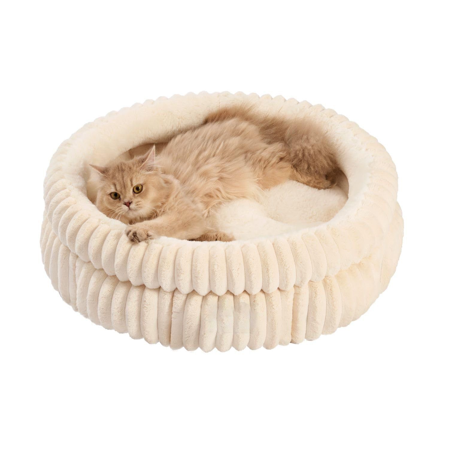 50x50x18 CM Beige Ultra-Soft Thickened Round Pet Bed with Stripe Texture - Plush Self-Warming Donut Nest for Cats and Small Dogs - Image 1