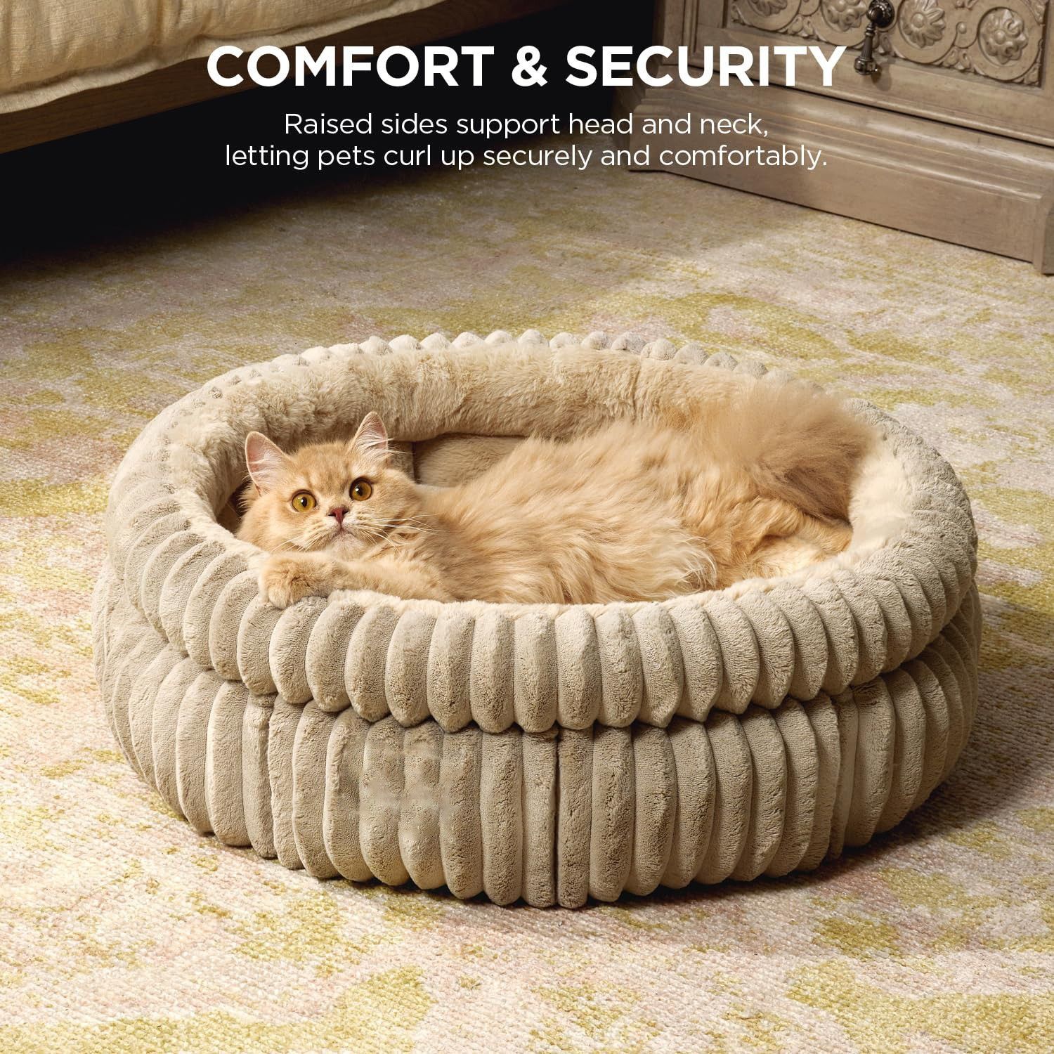 50x50x18 CM Beige Ultra-Soft Thickened Round Pet Bed with Stripe Texture - Plush Self-Warming Donut Nest for Cats and Small Dogs - Image 2