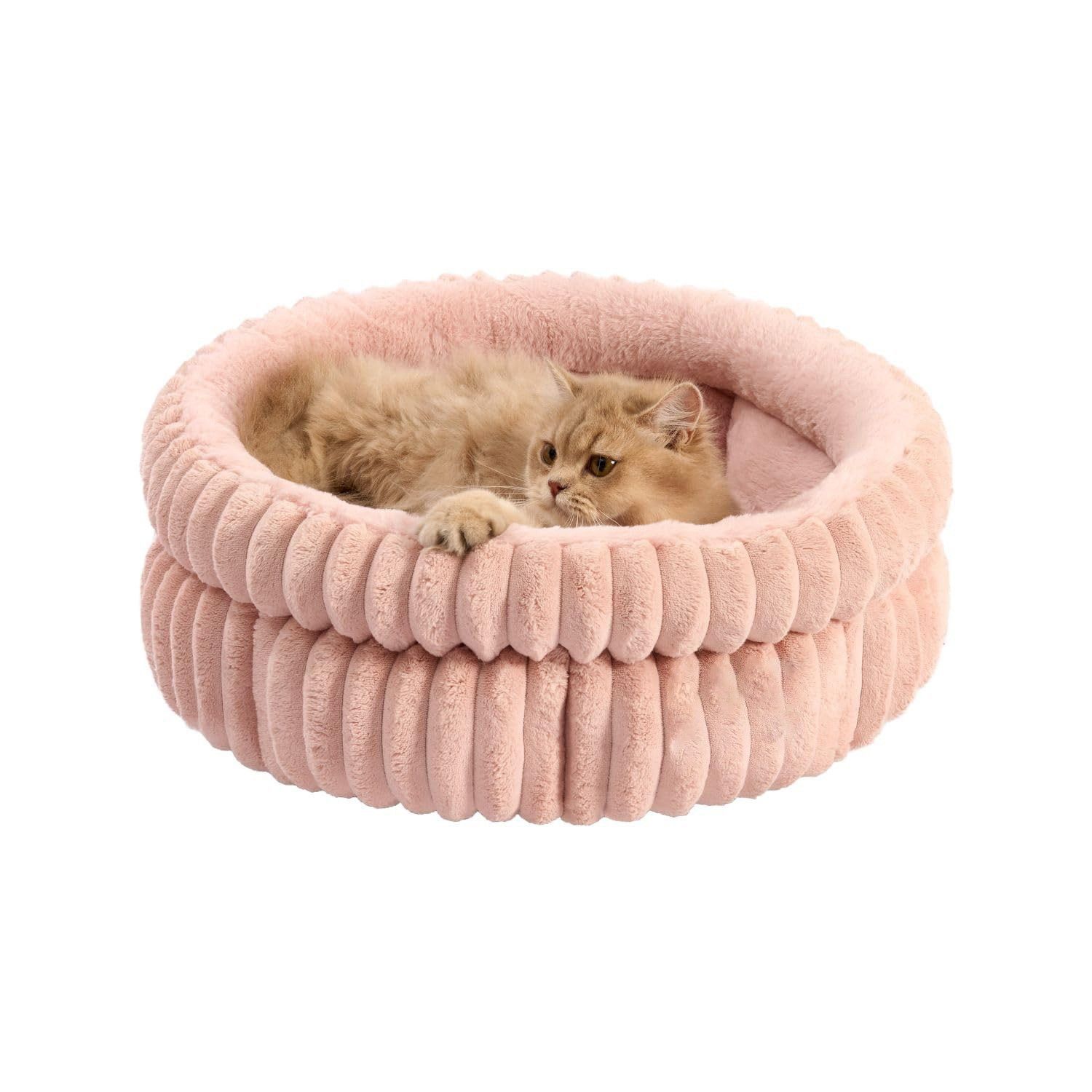 50x50x18 CM Pink Ultra-Soft Thickened Round Pet Bed with Stripe Texture - Plush Self-Warming Donut Nest for Cats and Small Dogs - Image 1