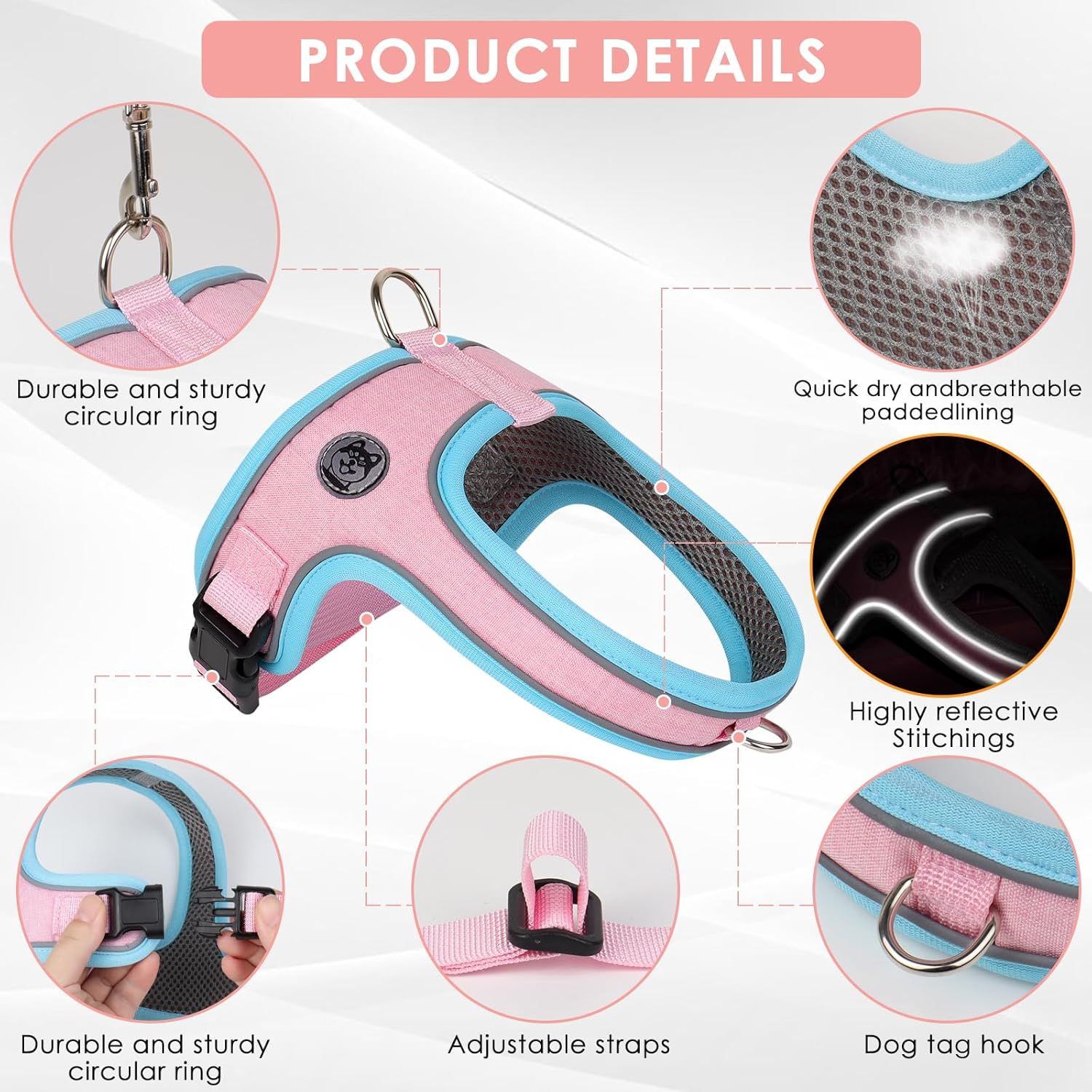 XS Size Pink Waterproof Reflective Saddle-Style Dog Harness & 1.5M Leash Set - Breathable Anti-Choke Escape-Proof Step-In Walking Gear - Image 3