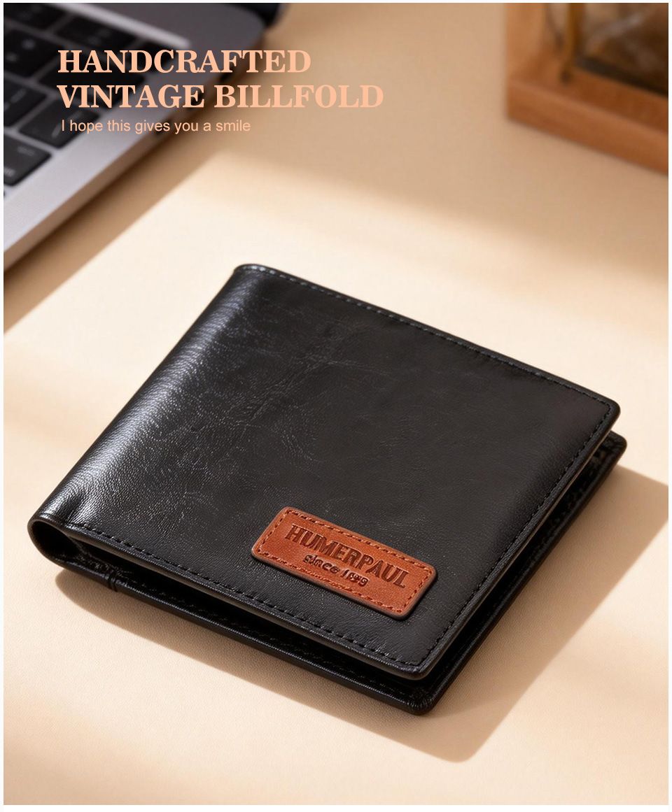 Black Handcrafted Genuine First-Layer Cowhide Wallet & Card Case for Men - Multi-Slot Ultra-Slim Bifold, Integrated AirTag Holder & RFID Blocking - Image 2