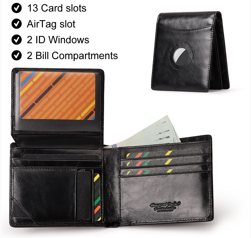 Black Handcrafted Genuine First-Layer Cowhide Wallet & Card Case for Men - Multi-Slot Ultra-Slim Bifold, Integrated AirTag Holder & RFID Blocking - Image 3