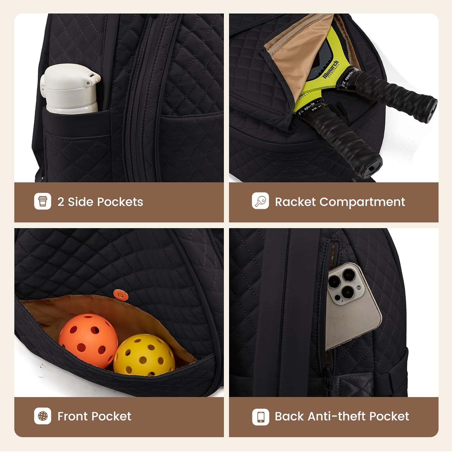 Black Large Tennis & Pickleball Quilted Backpack and Sports Travel Tote for Men and Women - Racket Compartment, 2 Side Pockets & Multi-Pocket Organization (32x17x44.5 CM) - Image 2