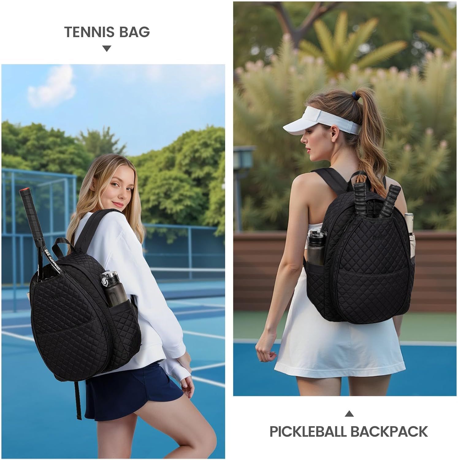 Black Large Tennis & Pickleball Quilted Backpack and Sports Travel Tote for Men and Women - Racket Compartment, 2 Side Pockets & Multi-Pocket Organization (32x17x44.5 CM) - Image 5