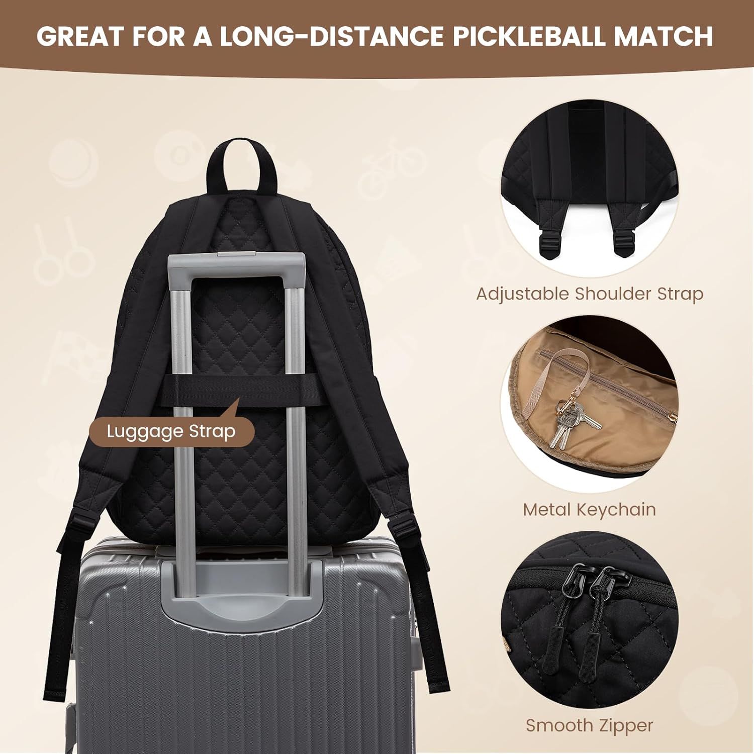 Black Large Tennis & Pickleball Quilted Backpack and Sports Travel Tote for Men and Women - Racket Compartment, 2 Side Pockets & Multi-Pocket Organization (32x17x44.5 CM) - Image 7