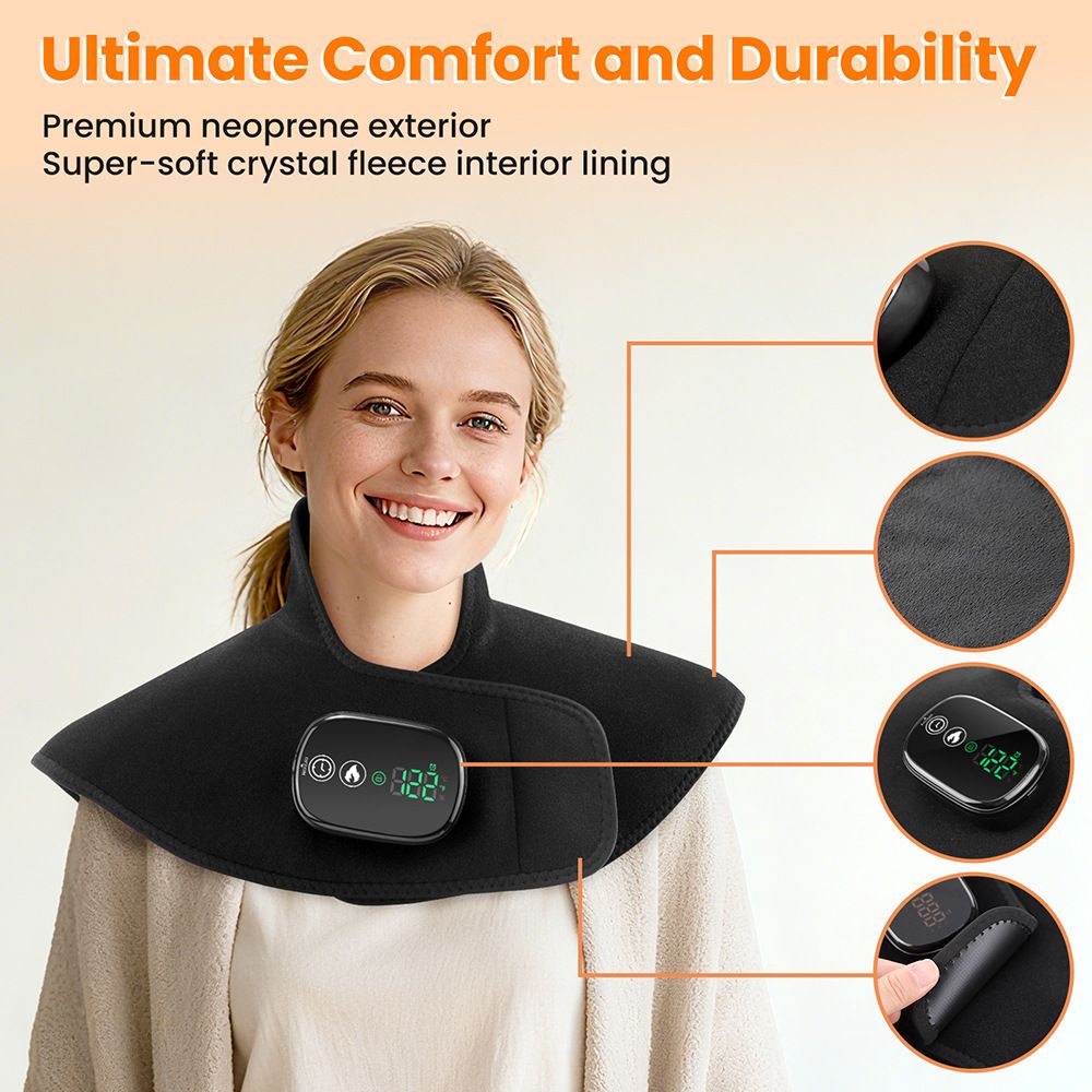 Black Wireless Large Coverage Heated Shoulder & Neck Wrap - TypeC Rechargeable Thermal Therapy Shawl with 4 Temp Levels & 5 Timers - Image 3