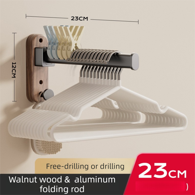 23CM Moisture Aluminum Folding Towel Rack Integrated Bottom Hook - 90° Folding Black Walnut Grain Wall-Mounted Drying Rod and Organize - Image 1