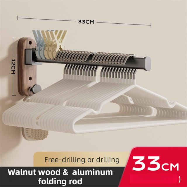 33CM Moisture Aluminum Folding Towel Rack Integrated Bottom Hook - 90° Folding Black Walnut Grain Wall-Mounted Drying Rod and Organize - Image 1