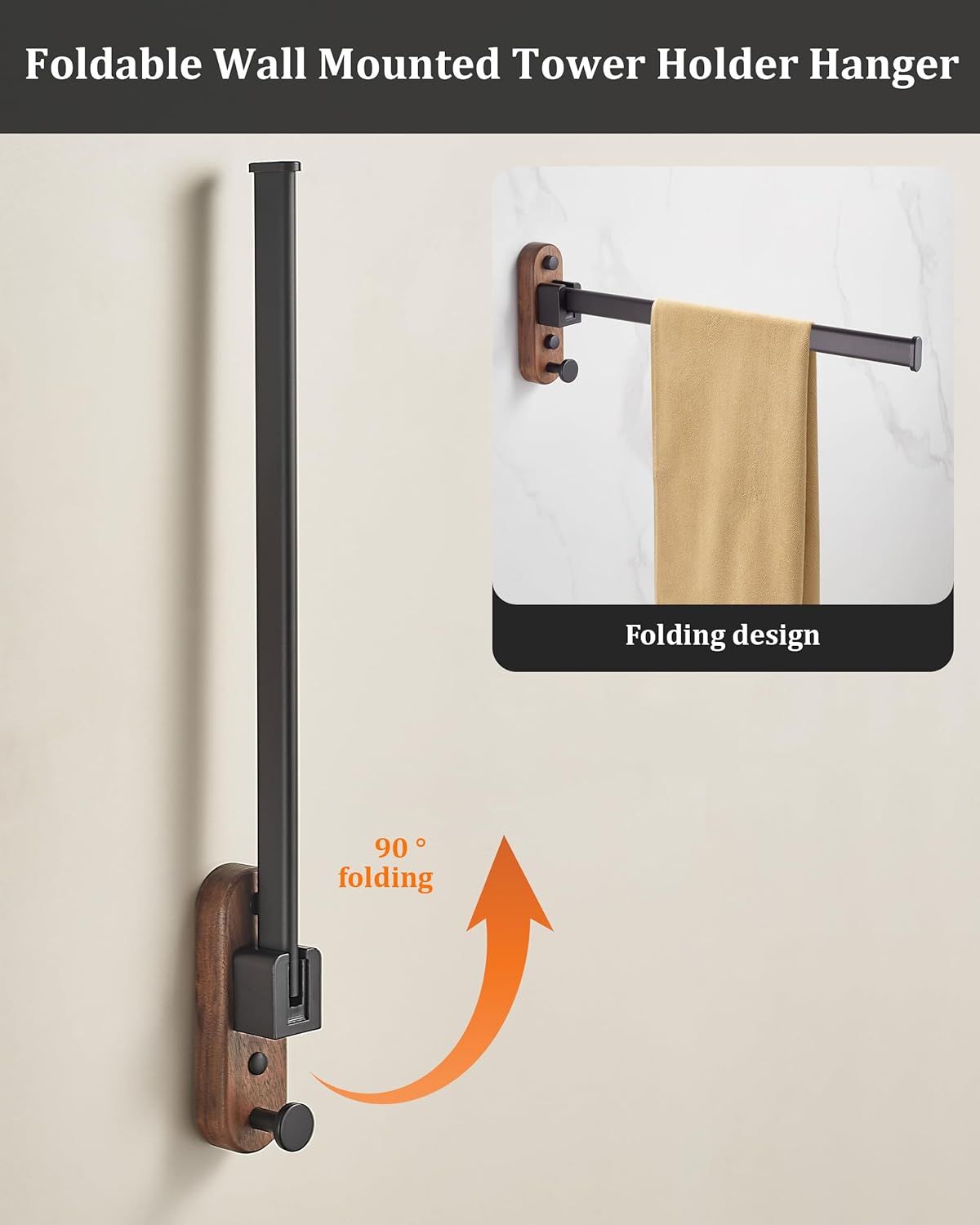 33CM Moisture Aluminum Folding Towel Rack Integrated Bottom Hook - 90° Folding Black Walnut Grain Wall-Mounted Drying Rod and Organize - Image 5