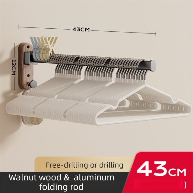 43CM Moisture Aluminum Folding Towel Rack Integrated Bottom Hook - 90° Folding Black Walnut Grain Wall-Mounted Drying Rod and Organize - Image 1