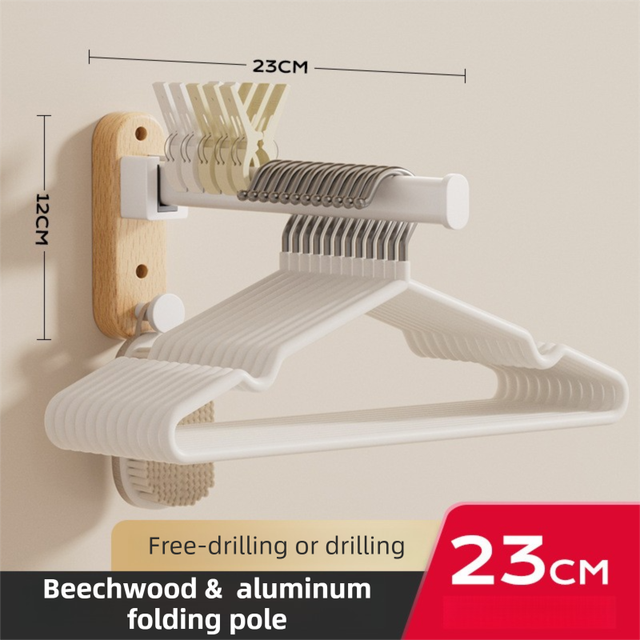 23CM Moisture Aluminum Folding Towel Rack Integrated Bottom Hook - 90° Folding White Beechwood Grain Wall-Mounted Drying Rod and Organize - Image 1