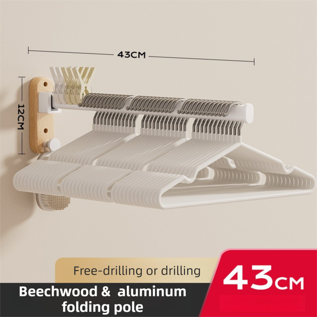 43CM Moisture Aluminum Folding Towel Rack Integrated Bottom Hook - 90° Folding White Beechwood Grain Wall-Mounted Drying Rod and Organize - Image 1
