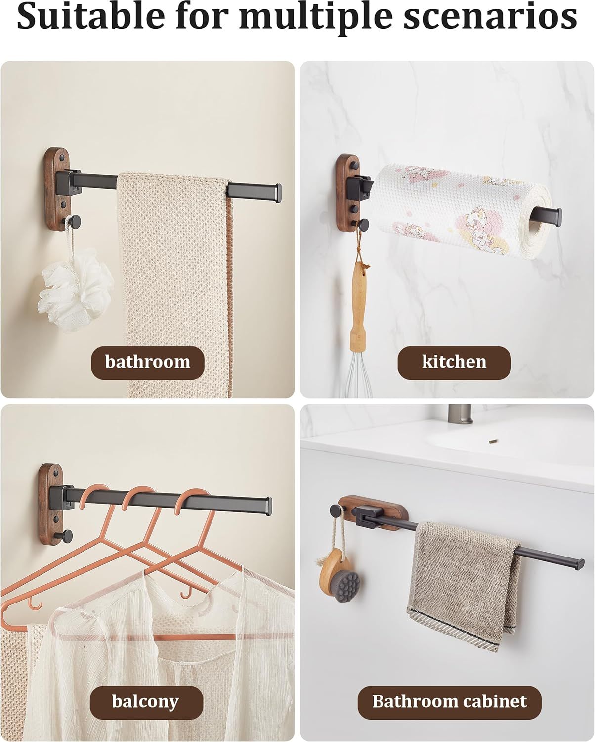 43CM Moisture Aluminum Folding Towel Rack Integrated Bottom Hook - 90° Folding White Beechwood Grain Wall-Mounted Drying Rod and Organize - Image 6