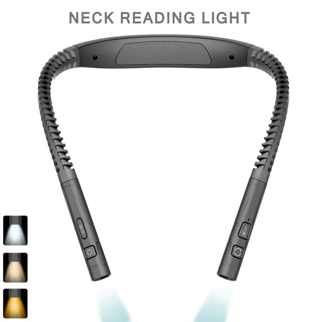 Black LED Rechargeable Ergonomic Neck Reading & Running Light - Timer, 3 Color & 5 Brightness - Eye-Caring Hands-Free Flexible Book Light - Image 1