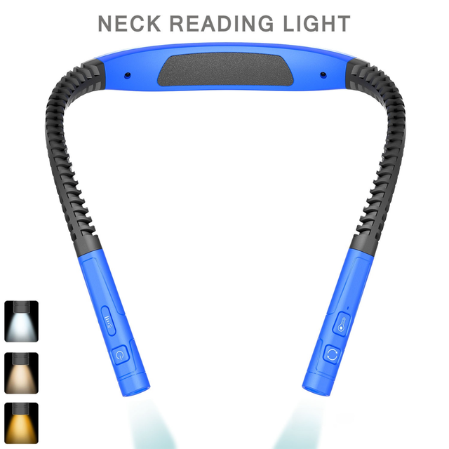Blue LED Rechargeable Ergonomic Neck Reading & Running Light - Timer, 3 Color & 5 Brightness - Eye-Caring Hands-Free Flexible Book Light - Image 1
