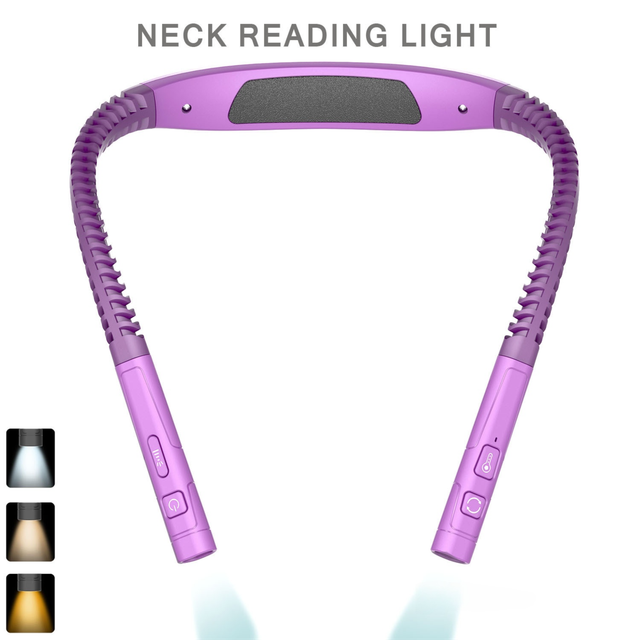 Purple LED Rechargeable Ergonomic Neck Reading & Running Light - Timer, 3 Color & 5 Brightness - Eye-Caring Hands-Free Flexible Book Light - Image 1