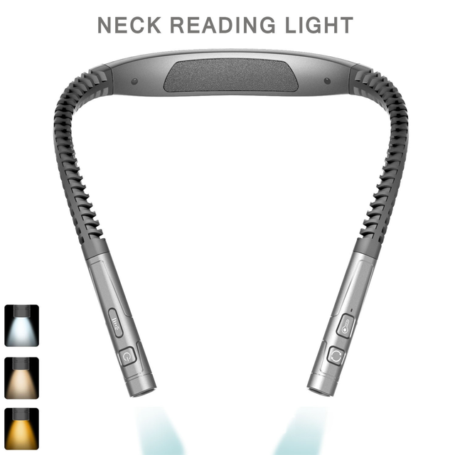 Silver and Grey LED Rechargeable Ergonomic Neck Reading & Running Light - Timer, 3 Color & 5 Brightness - Eye-Caring Hands-Free Flexible Book Light - Image 1