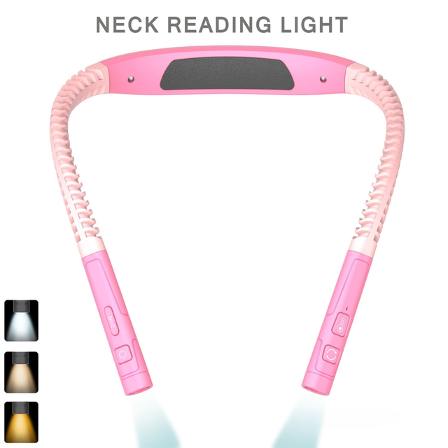 Pink LED Rechargeable Ergonomic Neck Reading & Running Light - Timer, 3 Color & 5 Brightness - Eye-Caring Hands-Free Flexible Book Light - Image 1