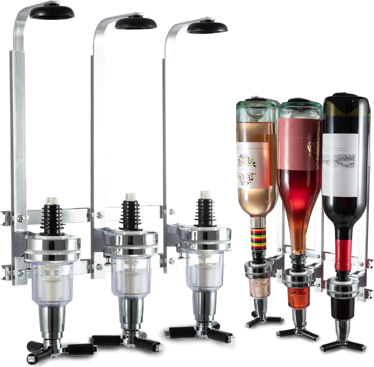 Professional Wall-Mounted Alcohol Tot Dispenser (3 Head) - Heavy Duty Adjustable Metal Wine Rack Decor with Spring-Loaded Bottle Holder - Image 1