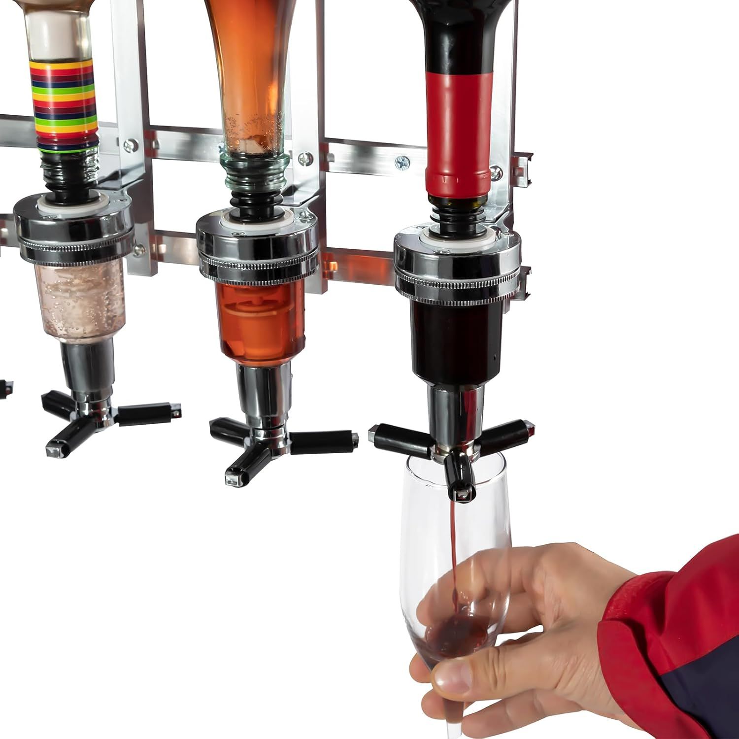 Professional Wall-Mounted Alcohol Tot Dispenser (3 Head) - Heavy Duty Adjustable Metal Wine Rack Decor with Spring-Loaded Bottle Holder - Image 3