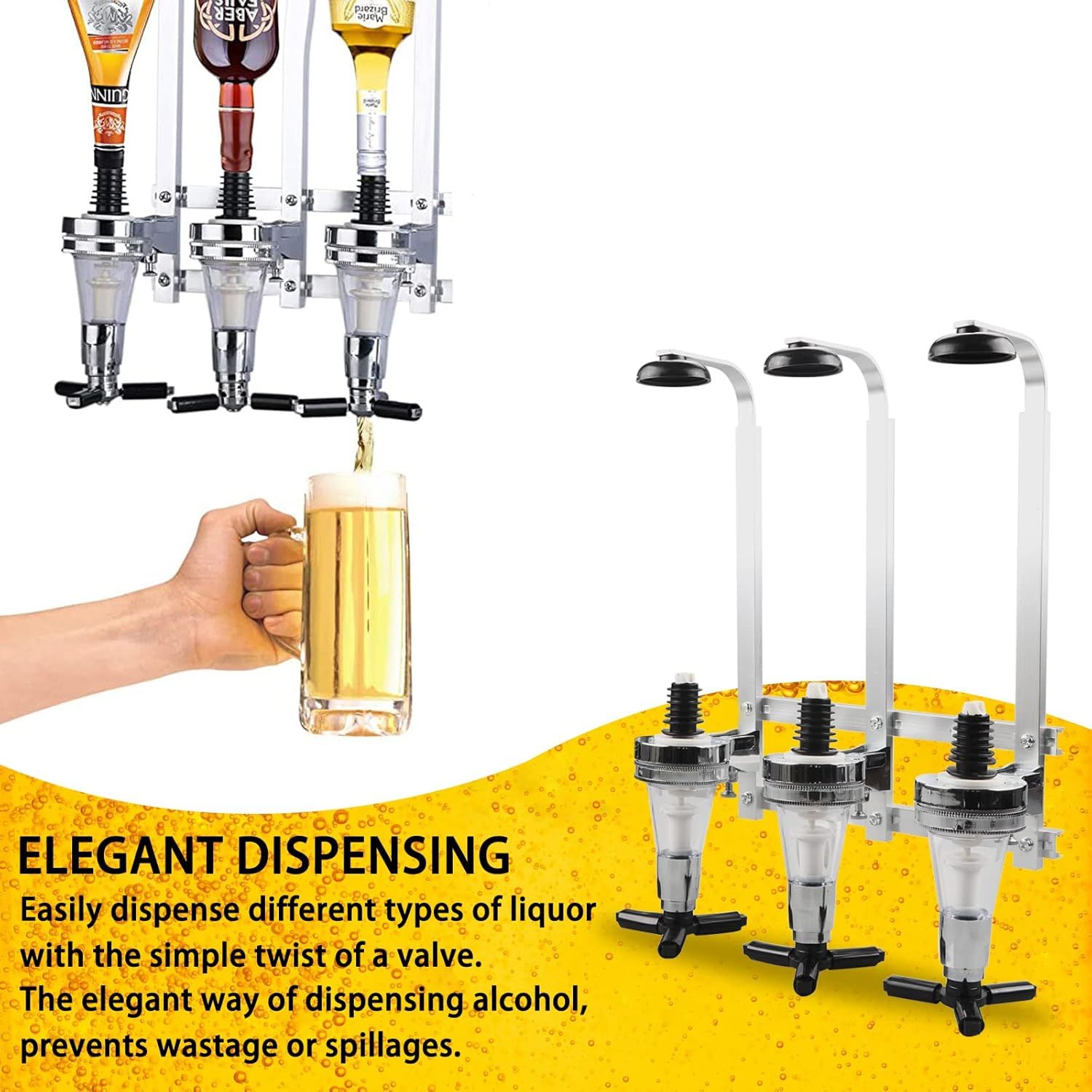 Professional Wall-Mounted Alcohol Tot Dispenser (3 Head) - Heavy Duty Adjustable Metal Wine Rack Decor with Spring-Loaded Bottle Holder - Image 4