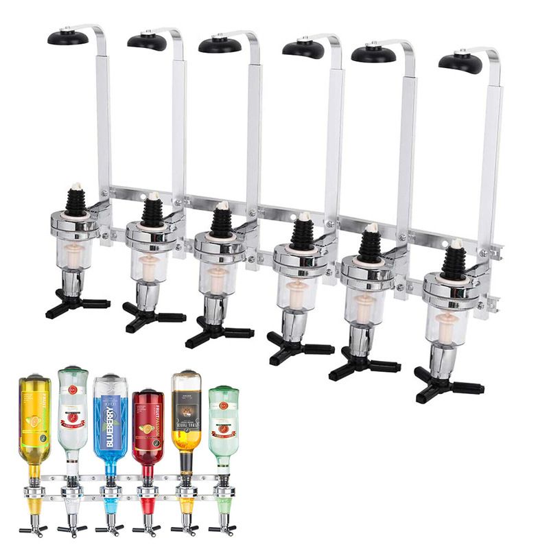 Professional Wall-Mounted Alcohol Tot Dispenser (6 Head) - Heavy Duty Adjustable Metal Wine Rack Decor with Spring-Loaded Bottle Holder - Image 1