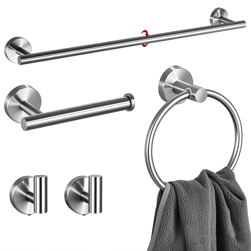 5PCS Matt Silver Stainless Steel Bathroom Organizer Set - Wall-Mounted Rotatable Towel Bar, Toilet Paper Holder, Towel Ring & Versatile T-shaped Hooks - Image 1