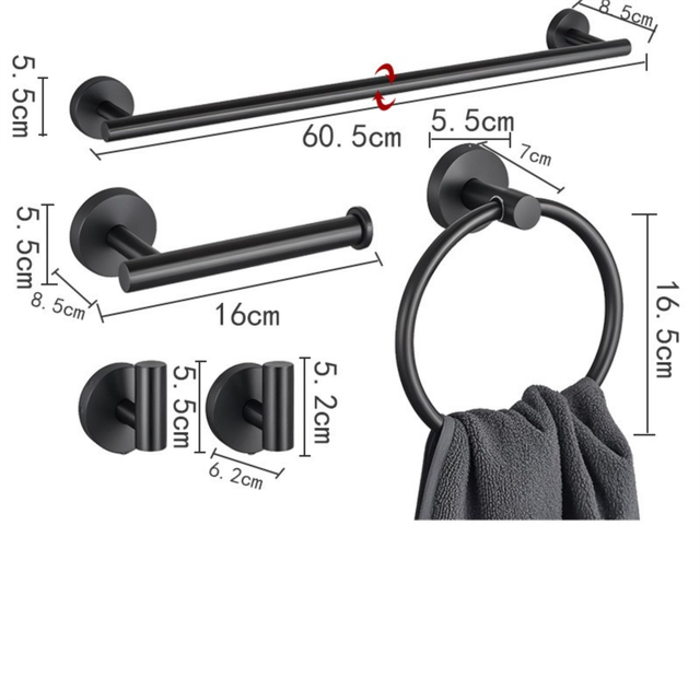 5PCS Matt Silver Stainless Steel Bathroom Organizer Set - Wall-Mounted Rotatable Towel Bar, Toilet Paper Holder, Towel Ring & Versatile T-shaped Hooks - Image 5