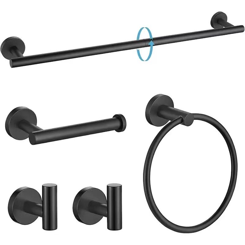 5PCS Matt Black Stainless Steel Bathroom Organizer Set - Wall-Mounted Rotatable Towel Bar, Toilet Paper Holder, Towel Ring & Versatile T-shaped Hooks - Image 1
