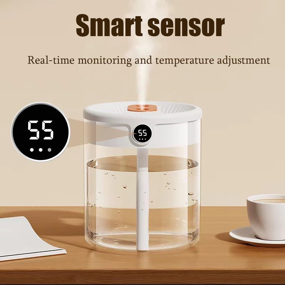 White 2L Dual-Spray Ultrasonic Humidifier and Air Diffuser with Night Light - USB Powered, Quiet Operation, Smart Digital Display & Real-Time Humidity Sensor - Image 4