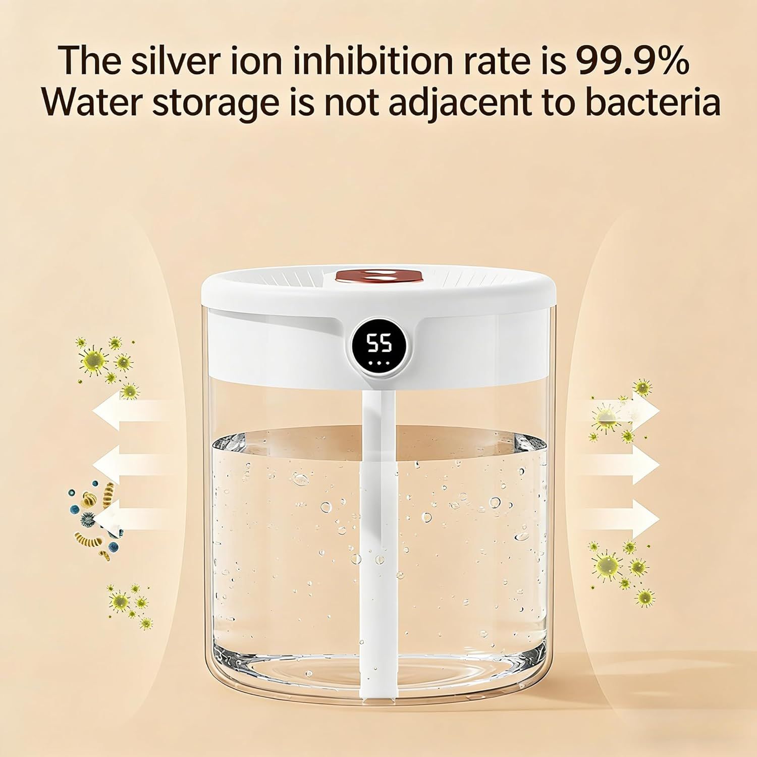 White 2L Dual-Spray Ultrasonic Humidifier and Air Diffuser with Night Light - USB Powered, Quiet Operation, Smart Digital Display & Real-Time Humidity Sensor - Image 6