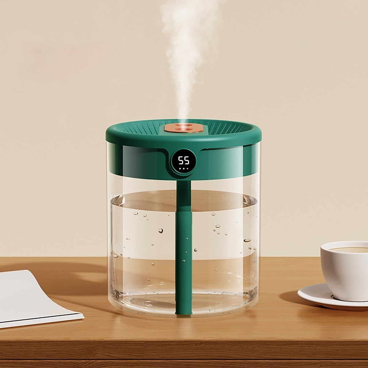 Green 2L Dual-Spray Ultrasonic Humidifier and Air Diffuser with Night Light - USB Powered, Quiet Operation, Smart Digital Display & Real-Time Humidity Sensor - Image 1