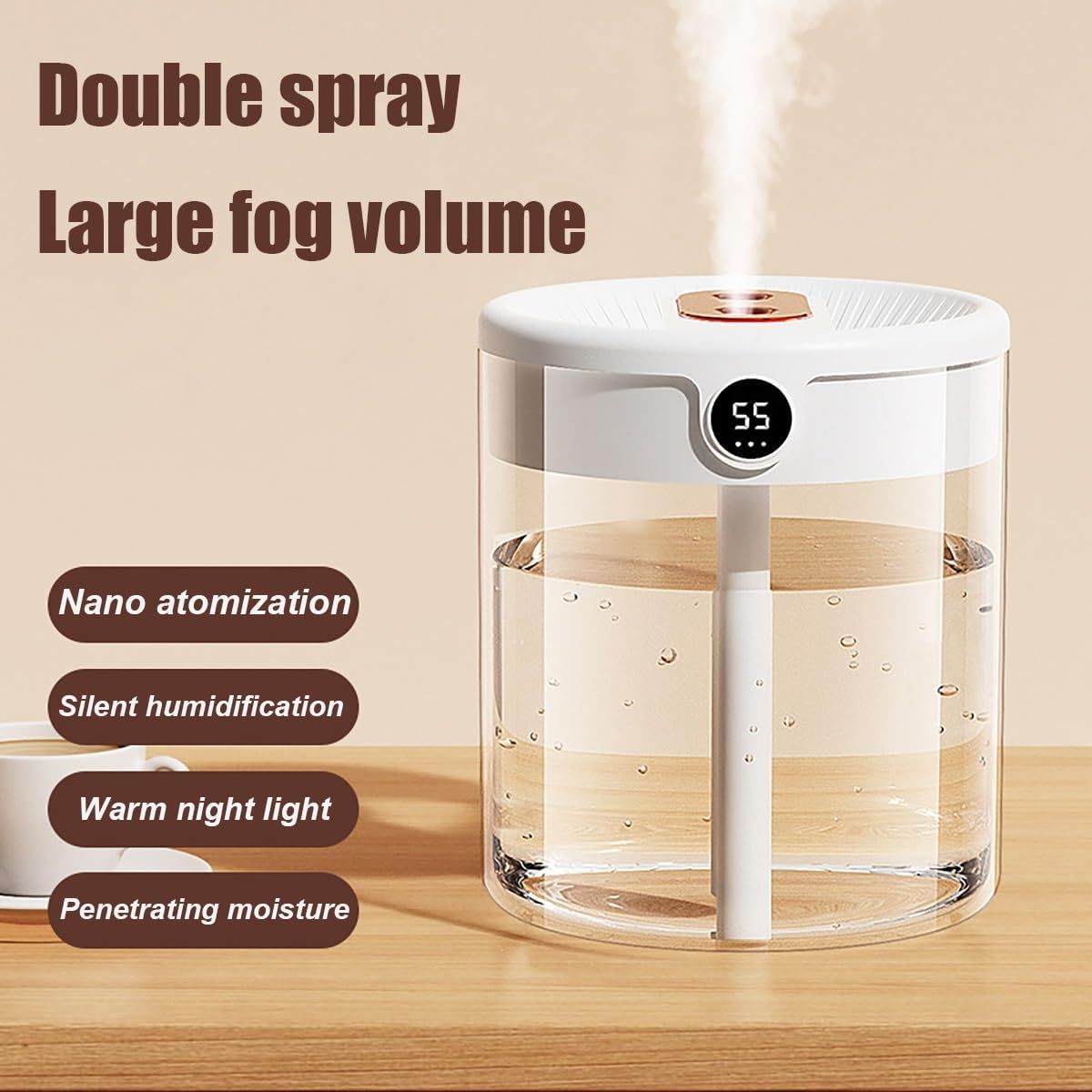 Green 2L Dual-Spray Ultrasonic Humidifier and Air Diffuser with Night Light - USB Powered, Quiet Operation, Smart Digital Display & Real-Time Humidity Sensor - Image 2