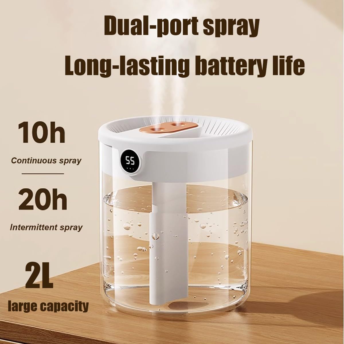 Green 2L Dual-Spray Ultrasonic Humidifier and Air Diffuser with Night Light - USB Powered, Quiet Operation, Smart Digital Display & Real-Time Humidity Sensor - Image 3