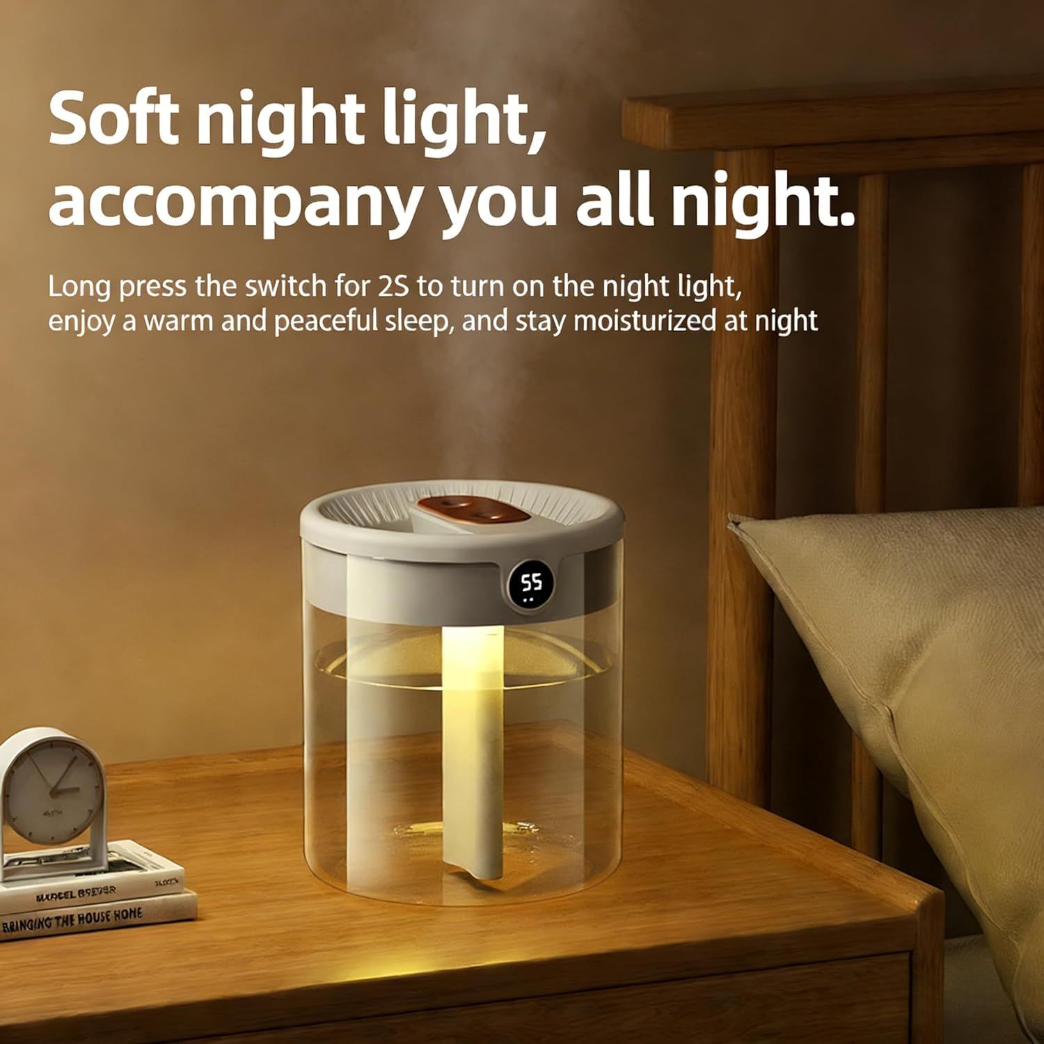 Pink 2L Dual-Spray Ultrasonic Humidifier and Air Diffuser with Night Light - USB Powered, Quiet Operation, Smart Digital Display & Real-Time Humidity Sensor - Image 5