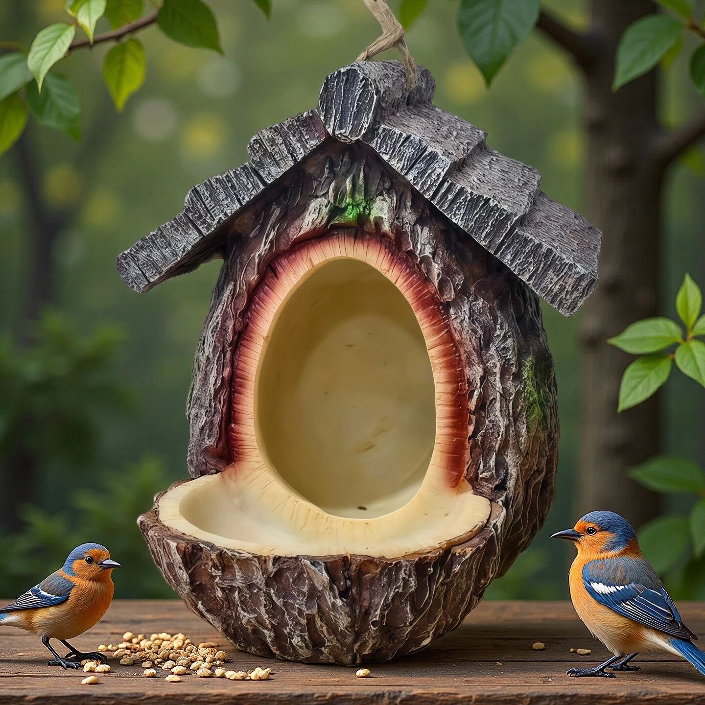 European-Style Fairy House Bird Feeder - Weather-Resistant Resin Hanging Log Cabin Bird Station & Garden Ornament - Image 1