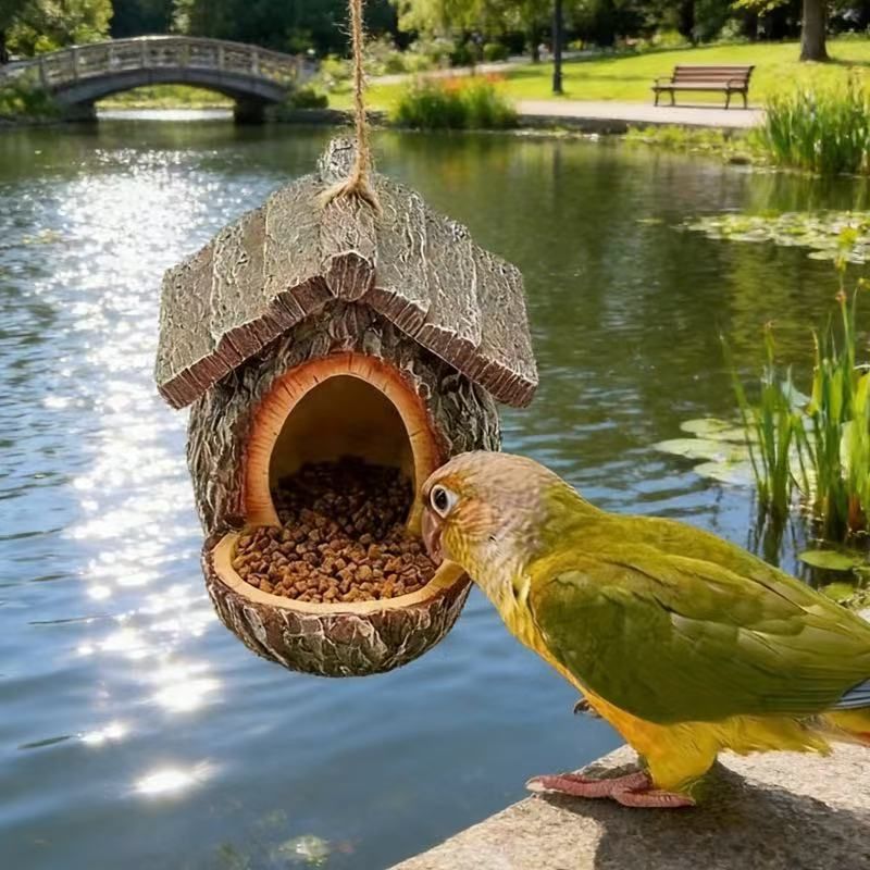 European-Style Fairy House Bird Feeder - Weather-Resistant Resin Hanging Log Cabin Bird Station & Garden Ornament - Image 2