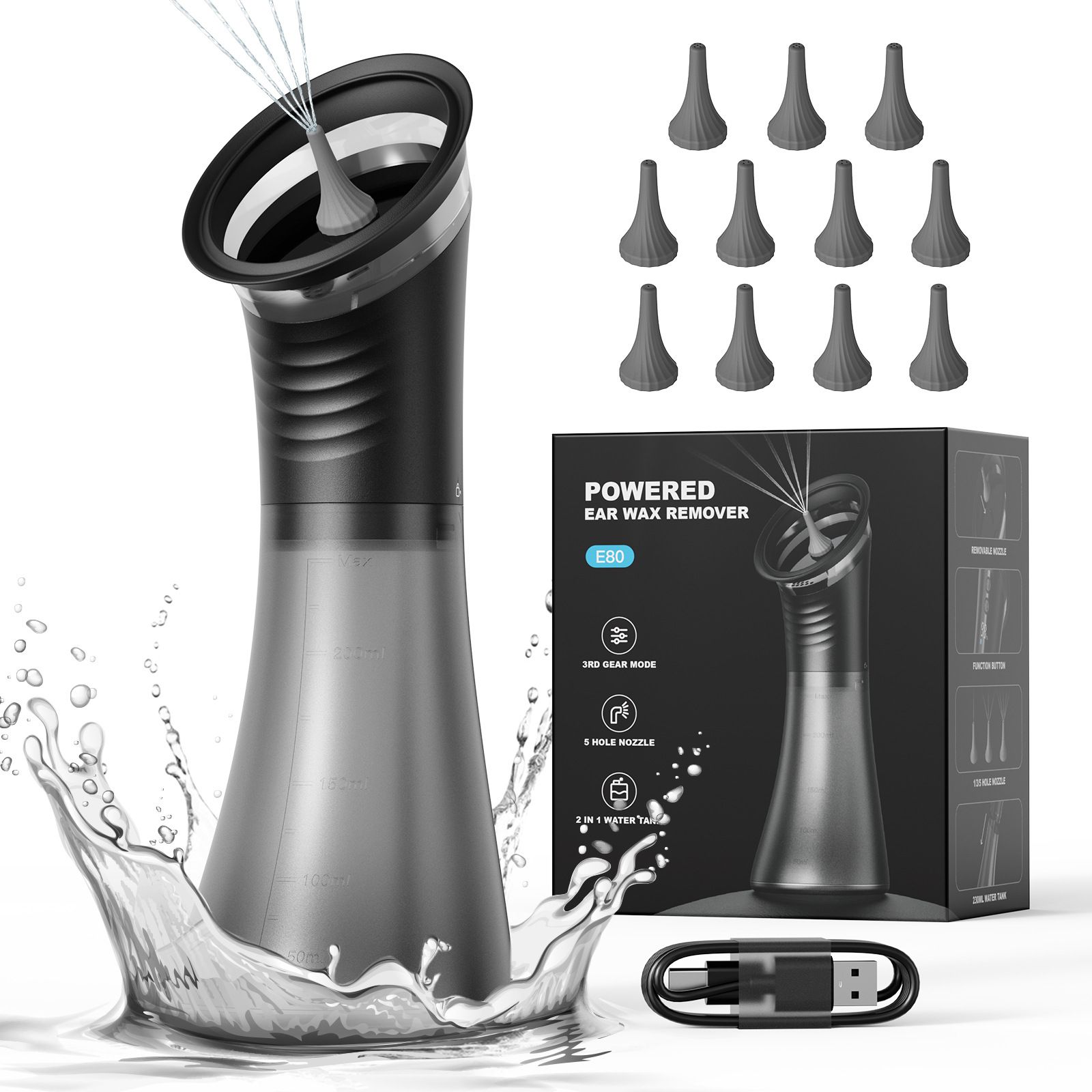 E80 Professional Electric Ear Irrigation and Ear Wax Removal Kit - Type-C Charging, 3 Pressure Levels, 2-in-1 230ML Sewage & Shimizu Tank & 12 Specialized Nozzles(4pcs 1-hole Nozzles +4pcs 3-hole Nozzles + 4pcs 5-hole Nozzles) - Image 1