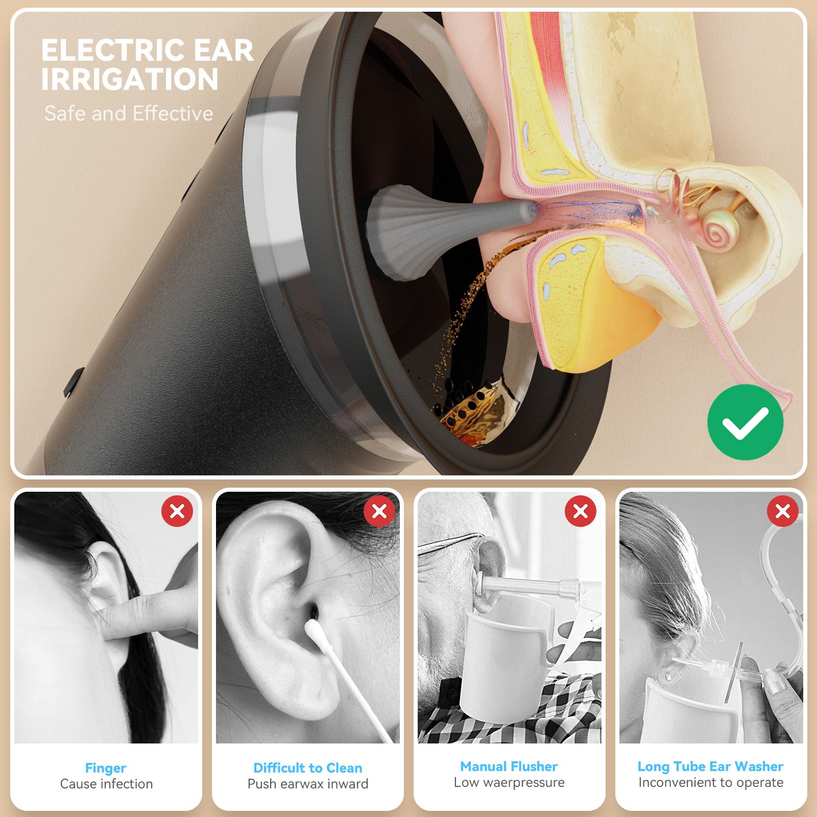 E80 Professional Electric Ear Irrigation and Ear Wax Removal Kit - Type-C Charging, 3 Pressure Levels, 2-in-1 230ML Sewage & Shimizu Tank & 12 Specialized Nozzles(4pcs 1-hole Nozzles +4pcs 3-hole Nozzles + 4pcs 5-hole Nozzles) - Image 6
