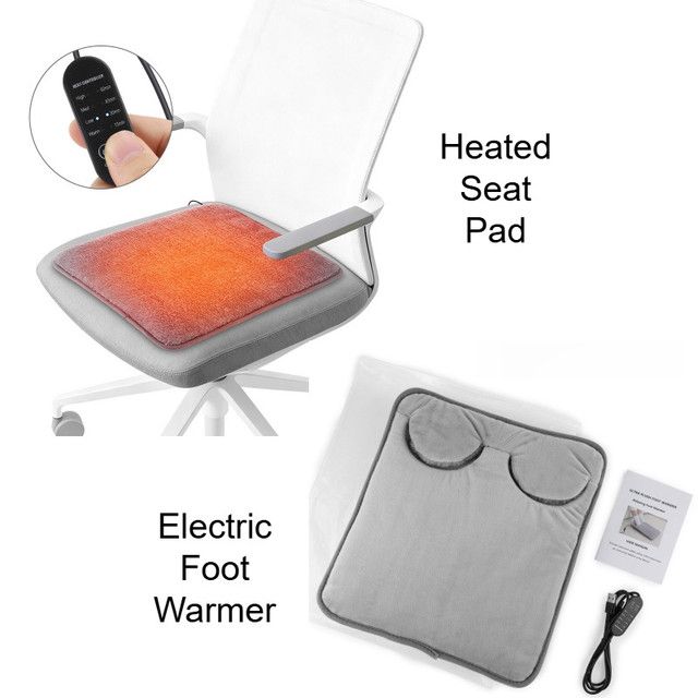 Grey Portable Versatile USB Electric Foot Warmer + Heated Seat Pad Set with 4 Temp Levels & 4 Auto-Shutoff Timer - Soft Fleece Washable Heating Mat - Image 1