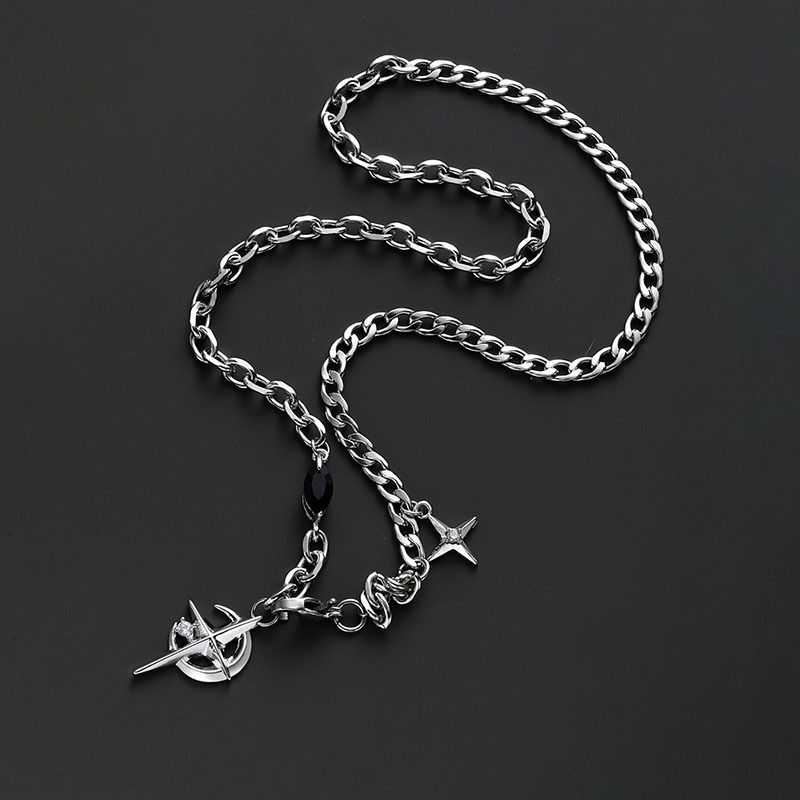 Gothic Cross & North Star Dual-Pendant Splicing Necklace for Men and Women - Titanium Steel Iced Out Cuban Link Chain with Black Gemstone Accents - Image 2