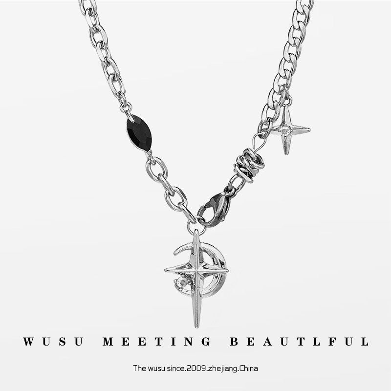 Gothic Cross & North Star Dual-Pendant Splicing Necklace for Men and Women - Titanium Steel Iced Out Cuban Link Chain with Black Gemstone Accents - Image 3