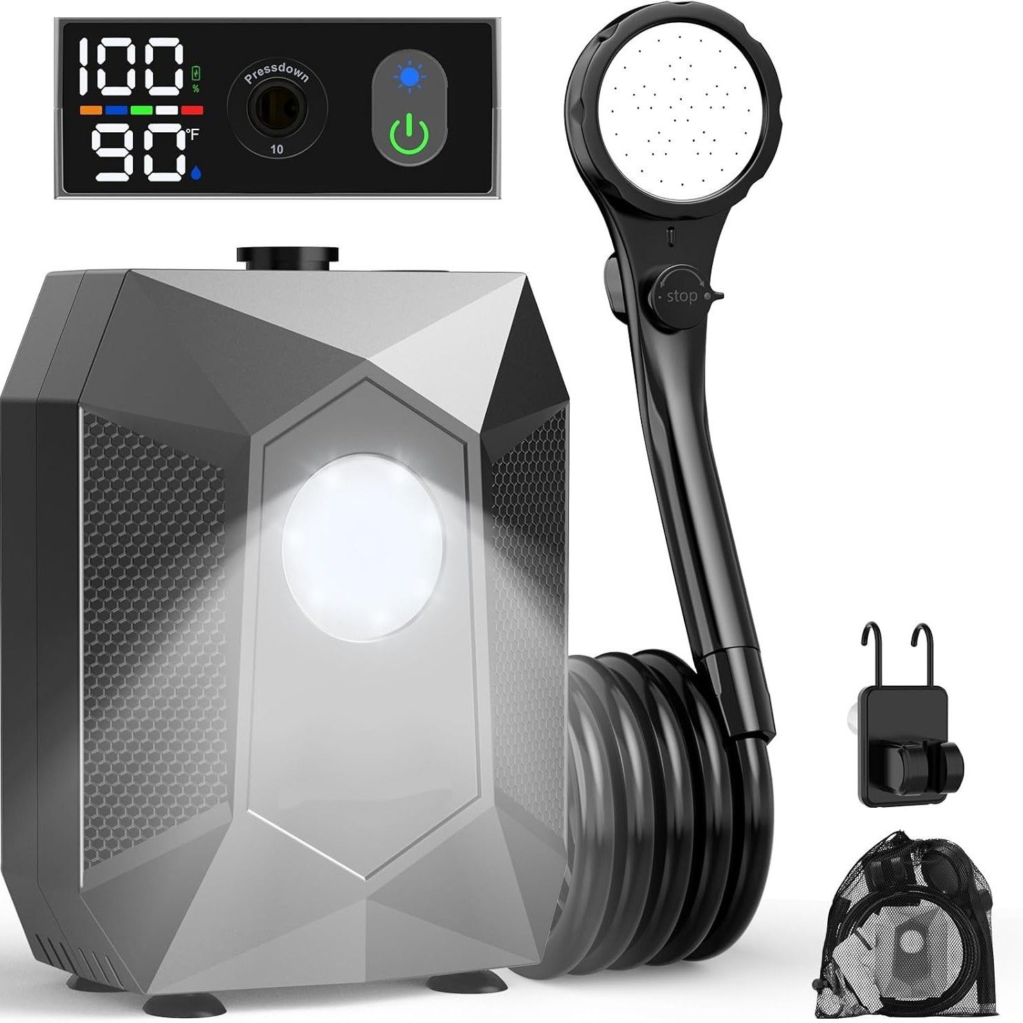 Portable Camping Shower Pump, 6000mAh Rechargable Outdoor Shower Set with 4-Mode Camping Light, 3 Spray Modes & Digital Display, IPX8 Waterproof Pump for Hiking, Travel, Car, Pet - Image 1