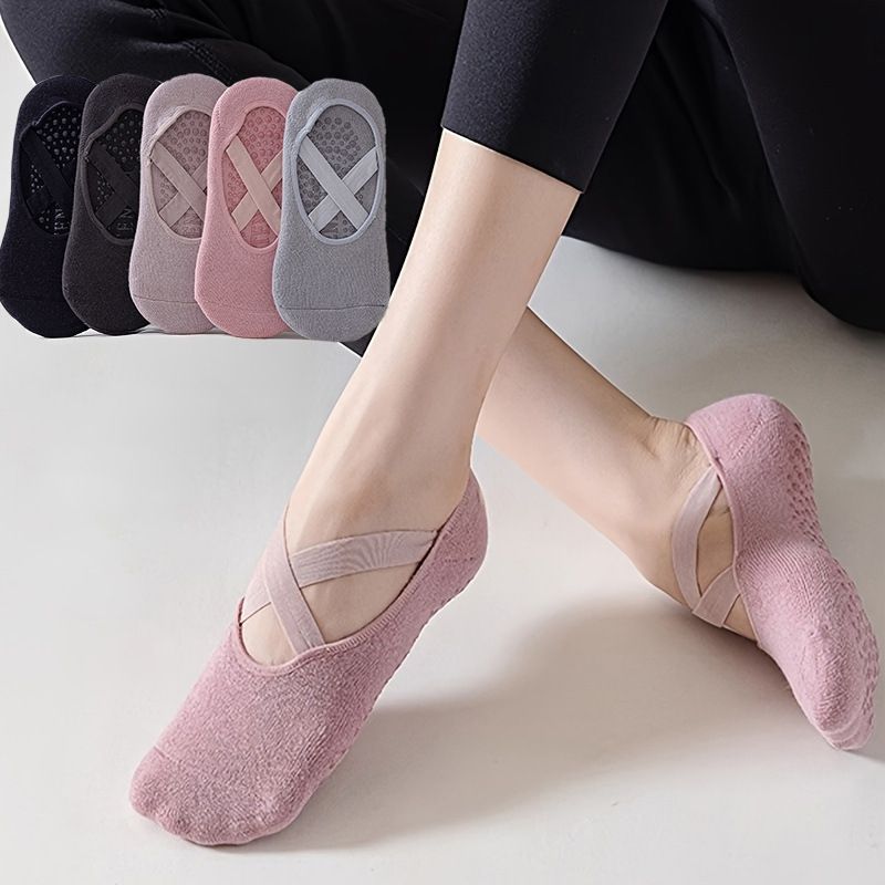 5-Pair Blue & Grey Premium Non-Slip Yoga & Pilates Socks with Elastic Cross-Straps - Breathable Cotton Ballet-Style High Grip Socks - Image 3