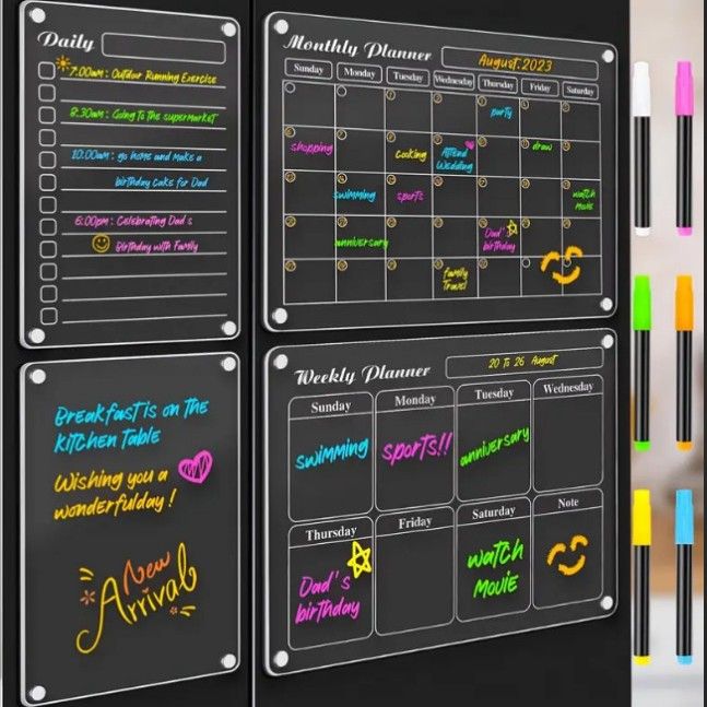 4-Piece Magnetic Acrylic Fridge Monthly + Weekly + Daily Planner Boards Set - Reusable Minimalist Memo Board with 6 Markers and Dry Eraser - Image 1