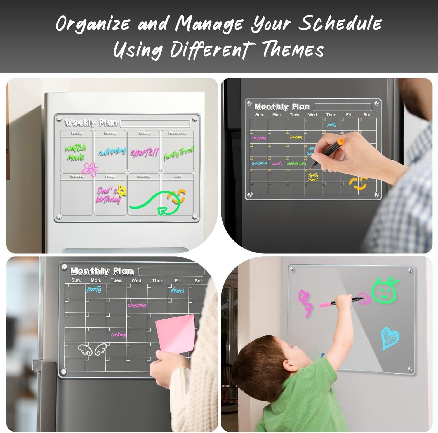 4-Piece Magnetic Acrylic Fridge Monthly + Weekly + Daily Planner Boards Set - Reusable Minimalist Memo Board with 6 Markers and Dry Eraser - Image 2