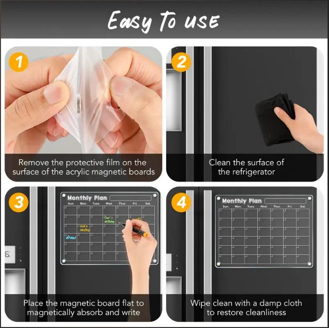 4-Piece Magnetic Acrylic Fridge Monthly + Weekly + Daily Planner Boards Set - Reusable Minimalist Memo Board with 6 Markers and Dry Eraser - Image 6