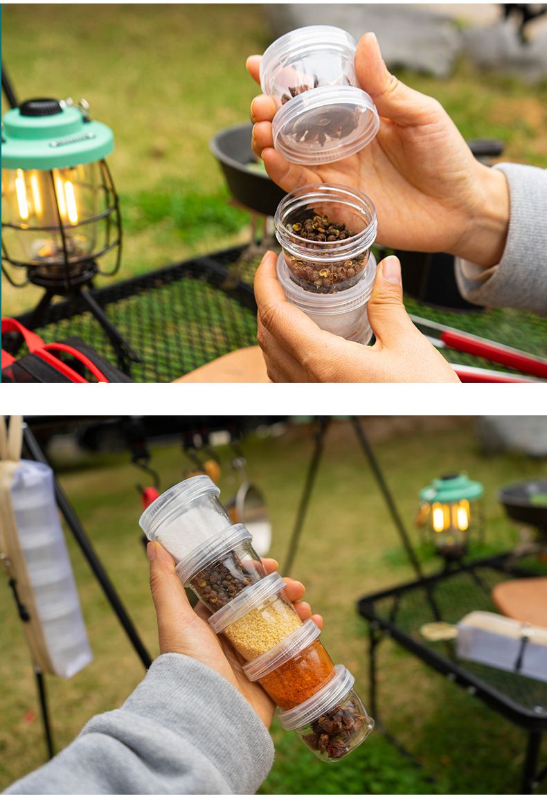 5-Piece Lightweight Stackable Outdoor Spice Jar Set for BBQ Picnic & Travel - Portable Camping Seasoning Kit with White Mesh Storage Bag - Image 4