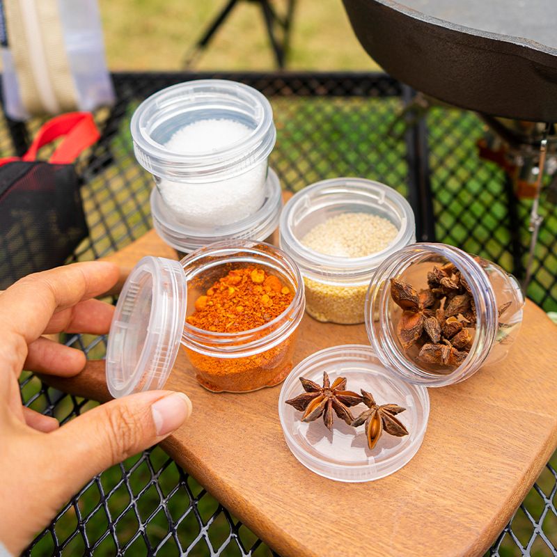 5-Piece Lightweight Stackable Outdoor Spice Jar Set for BBQ Picnic & Travel - Portable Camping Seasoning Kit with Black Mesh Storage Bag - Image 2