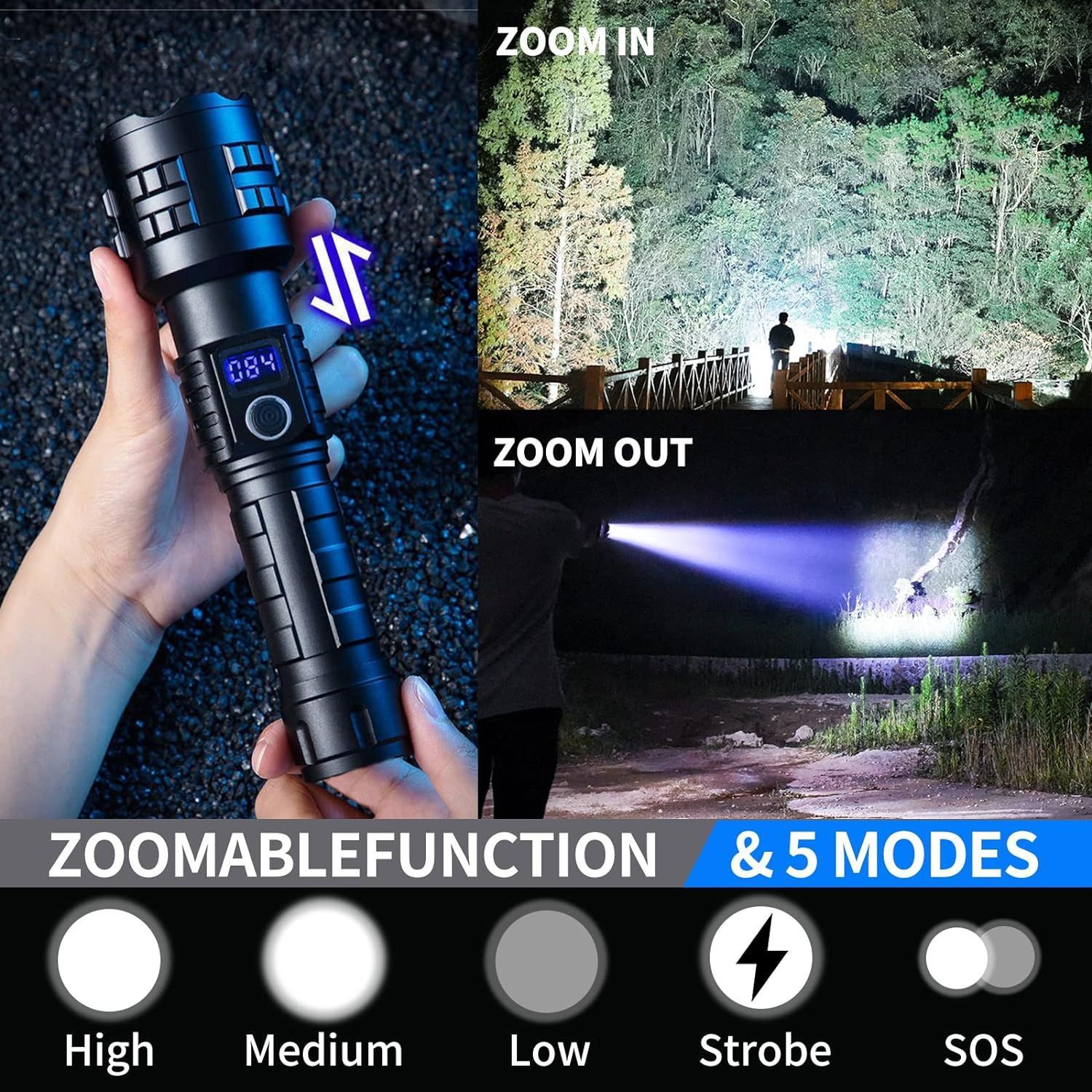 Gift Box Heavy Duty LED Flashlight and Tactical Torch - Waterproof & High Power, Zoomable 5 Modes, USB-C Rechargeable, Digital Display & Emergency Power Bank for Home & Outdoor Use - Image 2